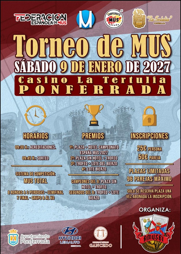 Cartel del Torneo de Mus Casino La Tertulia, Ponferrada, 9 de enero de 2027
